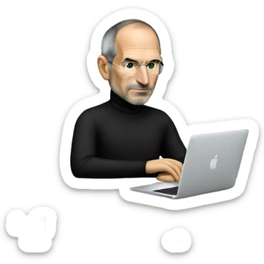 Steve Jobs wearing a black turtleneck using a MacBook sticker
