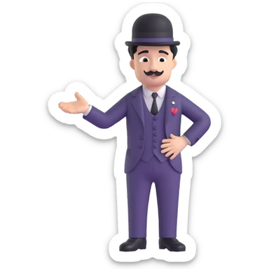 Charlie Chaplin, facing front, right arm extended 45 degrees up, hand straight, palm facing down, manji symbol badge on his left arm sticker