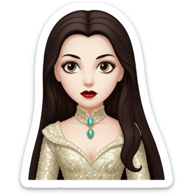 Countess Dracula with long dark brown hair, cream sequin outfit  sticker
