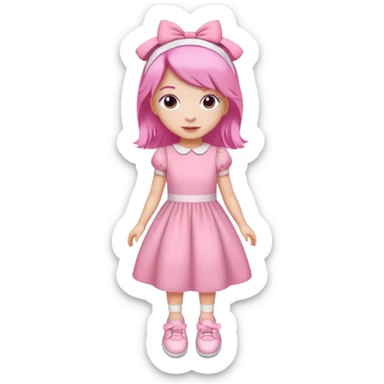 A girl wear a a pink pink dress and pink wacth and a pink hairband and a white shoes sticker