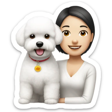 A cute and happy bichon frise with an Asian woman  sticker
