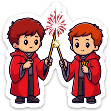 Fred and George Weasley with matching red hair and Gryffindor wizard robes, holding fireworks sticker