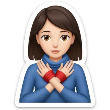 a brunette woman with her hands wrapped fulling around her neck sticker