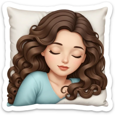 beautiful brunette with a light balayage white girl with nice curls/defined waves, very long hair, clean girl makeup SLEEPING ON A PILLOW sticker