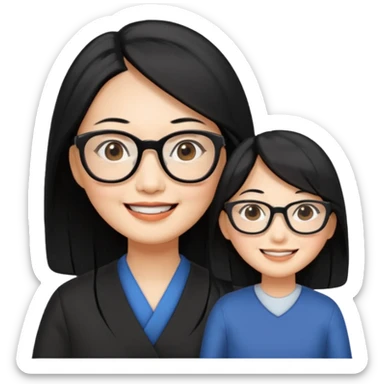 50 yr old asian woman, long straight black hair, side part, big glasses sticker