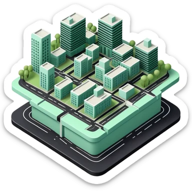 Urbanisme & Aménagement (Urban Planning), 3D technical icon with black and mint green (#B5F4D3), detailed zoning plan with cross-sections and regulatory boundaries sticker