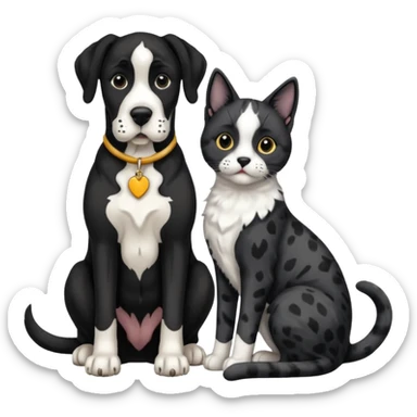 Black and white great dane dog sitting with a black and white cat sticker