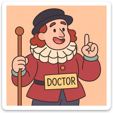Tudor doctor, with ruff collar and hat, pastel toon cartoon style sticker