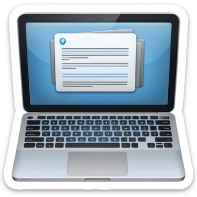 Create an emoji representing blogging. The design should feature an open laptop or tablet with a visible blog post on the screen. Use professional colors like blue, gray, and black. Make the background transparent. sticker