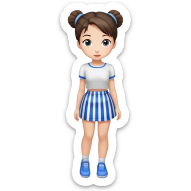 Pretty young brunette girl with only 1 bun in a vertical blue and white striped miniskirt sticker