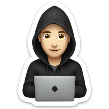 Young white developer with a black hood behind his laptop sticker
