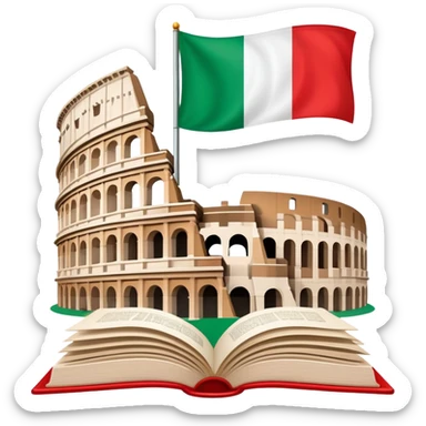 An icon featuring the Colosseum and the flag of Italy, symbolizing the Italian language. The design includes an open book with Italian phrases, representing language learning and cultural heritage. Transparent background sticker