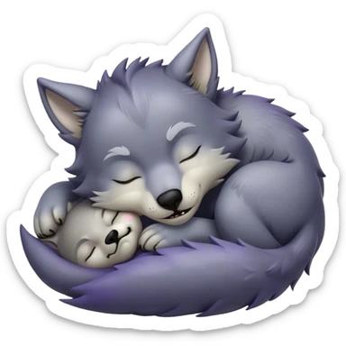 Meme-Worthy Cute Sleeping Werewolf Portrait Emoji, with a cuddly, miniature lupine form in soft moonlit grays and silvers, head resting peacefully with gently closed dreamy eyes and a small, content smile, simplified yet irresistibly endearing, highly detailed with a soft glowing outline that captures the cozy, sleepy essence of a werewolf after frolicking under the full moon! sticker