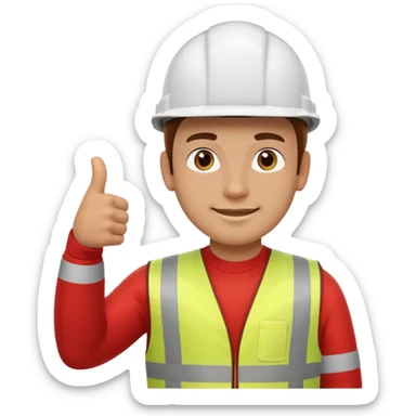 an engineer giving a thumbs up, wearing a white helmet, red vest and white shirt. sticker