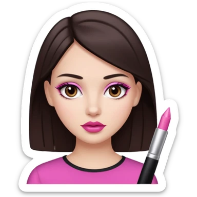 White girl with straight dark brown hair and dark brown eyes, pink lips, "clean girl" makeup  sticker