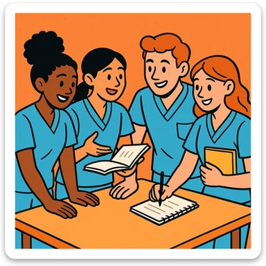 four nursing students collaborating, short-sleeve nurse uniforms, no stethoscope, friendly atmosphere, modern cartoon style sticker