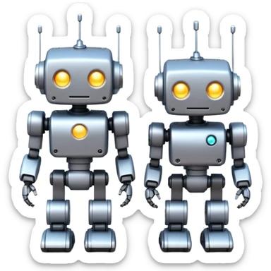 Two cute mini pixel-art robots standing side by side, slightly leaning toward each other in a friendly pose, shoulder to shoulder, soft friendly f pixels between robots, cinematic space backfi atmosphere, volumetric lighting, soft bloom effect, high detail, ultra clean render, centered  sticker