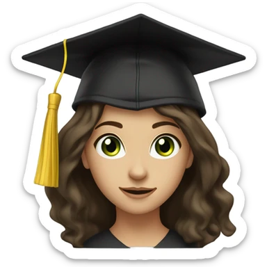 An emoji representing a brunette girl with green eyes and long, slightly wavy hair. She wears a black graduation cap on her head, symbolizing academic success. Her expression is soft and proud. sticker