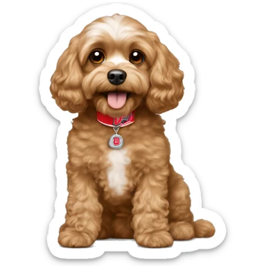 Tan cavapoo with Ohio state sticker