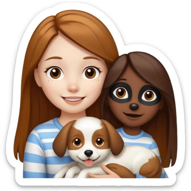 girl with white skin, brown eyes, long straight brown hair, holding a white dog with a black face, stripe down the middle, and brown and caramel brown spots on the sides of the mouth sticker