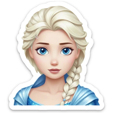 Cinematic Realistic Elsa Portrait, depicted with lifelike skin texture, soft natural lighting, and intricately detailed platinum blonde hair styled elegantly. Her striking, expressive blue eyes exude confidence and grace, complemented by a serene and regal expression. She is dressed in her signature icy attire, with shimmering fabric textures and delicate folds that catch the light beautifully. The portrait features a soft, enchanting glow with a cool, radiant finish, capturing the essence of timeless elegance in a realistic and painterly style, evoking a sense of depth and authenticity. sticker