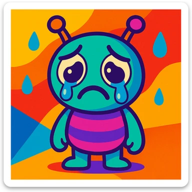 cute cartoon alien showing sadness, vibrant toon style, colorful, expressive, sorrowful sticker