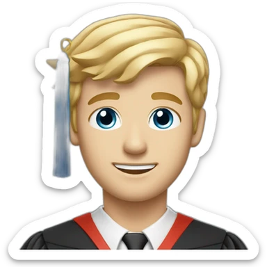 Blonde man with medium short hair, blue eyes, graduation with graduation cap sticker