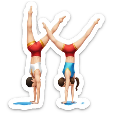 A skilled acrobat performing a handstand with perfect balance, while another acrobat gracefully flips in the air, showcasing their strength and precision. The background features a large gymnasium with bright lights and cheering audience, symbolizing adult acrobatics as a coordinated sport. sticker