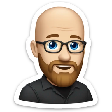 Bald, Caucasian, sky-blue-eyed, Psychotherapist in a modern colorful chair. He has a brown full beard and he’s Wearing a black dress shirt with a subtle pattern, blue jeans and black Chelsea boots with his legs separted leaning forward grey in goatee sticker