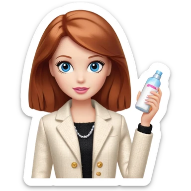A Barbie girl with blue eyes, shoulder-length reddish-brown hair with makeup, wearing a white tweed jacket and a black skirt stands with cream sticker
