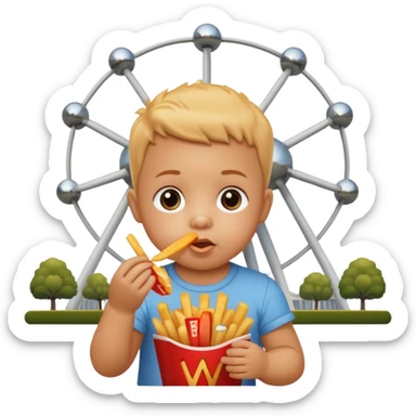 Transformer cette personne en bébé  occuper à  manger des fritte a bruxelles, devant latomium sticker