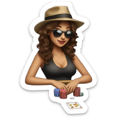 female with dark sunglasses brown wavy hair playing poker with a poker dealer hat sticker