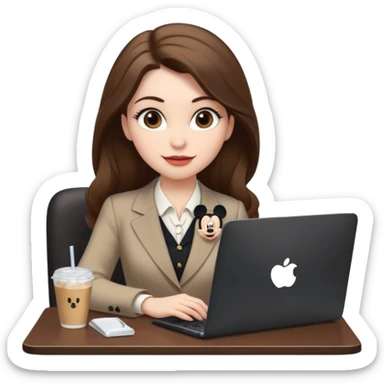 Women in front of one laptop that has a Mickey sticker on it, with a happy face, face a little fuller, lips plump, full eyebrows, long brown hair, light brown big eyes, light pale skin with a iced coffee on the side, business attire, who is typing sticker