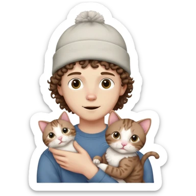 a pale boy with shoulder length curly brown hair with a beanie on holding a hairless cat sticker