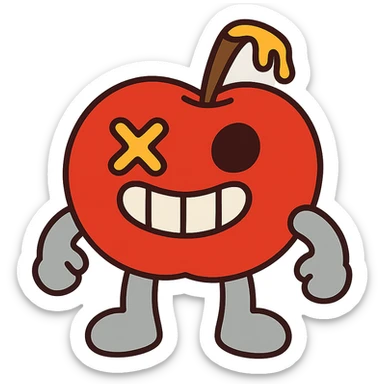 plush apple character with light grey limbs, left eye is an X, ichor coming out of stem without leaf, wide grin sticker