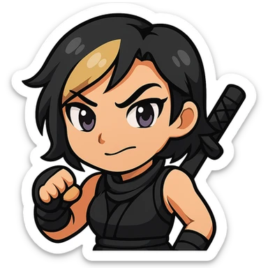 Create an anime chibi style ninja girl with the same face, outfit, and colors as the reference. The ninja girl should have her fist coming back down, returning to the starting position. Transparent background, sized for Twitch emoji use. This is animation frame 4. sticker