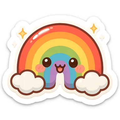 a chubby rainbow with sparkles, glossy finish, playful expression sticker