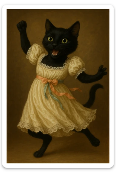 Make the black cat more playful with an energetic stance and happy face, still in Regency dress with lace and ribbons inspired by Pride and Prejudice. Emphasize playfulness and energy while preserving the detailed Regency attire. sticker