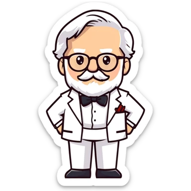 Colonel Sanders KFC, old man with white hair, white goatee, black bow tie, white suit, glasses sticker