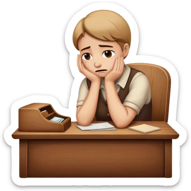 person sitting at a vintage wooden desk crying sticker
