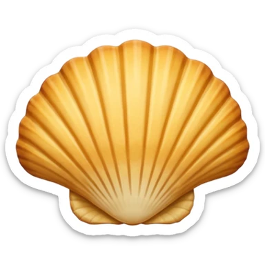 A madeleine pastry. Scalloped seashell shape with four to five vertical lines going in the same direction. Light golden brown. Scalloped edge. Cookie. Flat. Long. sticker