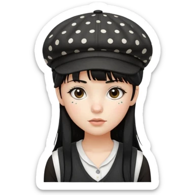pinterst girl with heavy bang, black long strait hair and black pica dot newsboy cap on her hat, wearing white sleeveless  sticker