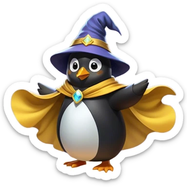 "A wizard penguin with a yellow hat and a long, flowing cape. The penguin is floating slightly above the ground, surrounded by swirling magical energy and glowing runes in the airyellow wizard hat sticker