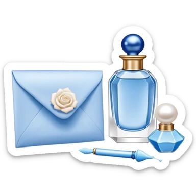 white-blue rose next to a pearl-colored envelope and a flacon of aesthetically pleasing perfume in powder blue  sticker