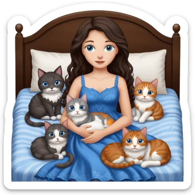 detailed realistic looking a dark grey and white cat regally laying with six other cats, cuddling with their owner in bed who is a pretty bratz lightly tanned white girl with long dark brown hair, blue eyes and gorgeous long wavy hair wearing a pretty detailed dress sticker