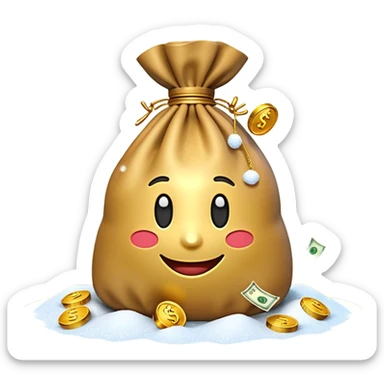 3D emoji style, money bag with dollar bills, New Year theme, snow particles, festive lighting, rich vibe, high detail, transparent background

 sticker