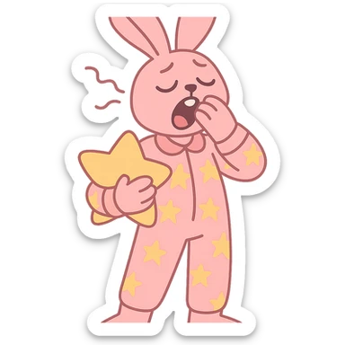 full-body pastel pink bunny in star-pattern pajamas, holding a star-shaped pillow, yawning with sleepy eyes, standing pose, pastel-toon style sticker