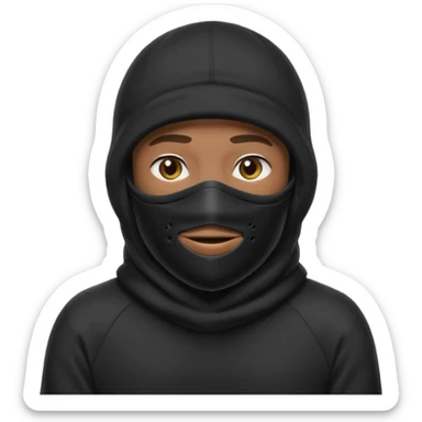 Crie um homem de blusa preta e capuz preto, balaclava preta, boné preto sticker