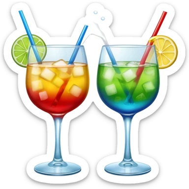 Create an emoji of two cocktails cheers action, one glass of green and yellow color and one glass of blue and red, without any fruit, make a toast asction sticker