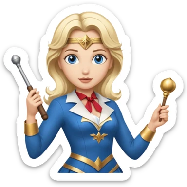 Blonde blue eyed Wonder Woman holding white orchestra conductor’s baton and bell sticker